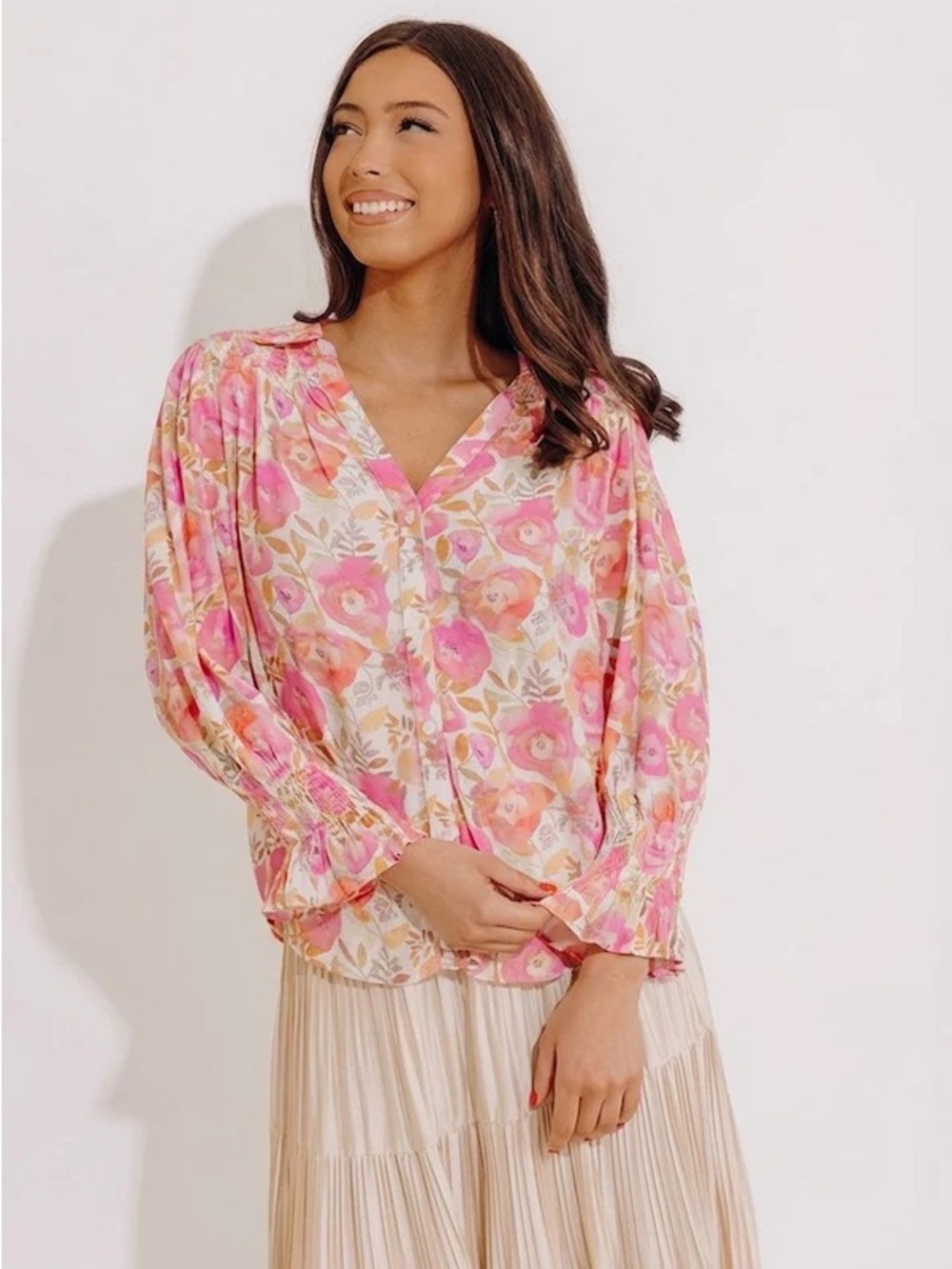 Fate Floral Button-Down Shirred Sleeve Blouse
